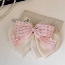 1pc Cute Plaid Bow Ponytail Claw Clip, Sweet Hair Accessory For Spring/Summer, Holiday & Vacation Vacay Hair Clips Beach Hair Claws,Travel,Birthday - Pink - View 3
