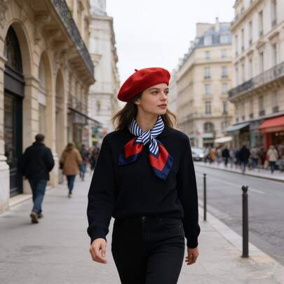 优雅贝雷帽围巾套装，包含贝雷帽、方巾，法式贝雷帽款式。保暖帽饰，适合女士主题派对、日常穿着、旅行、家庭出游、万圣节装扮和情人节。