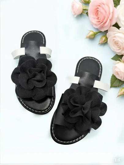 1 Pair Summer Kids Slippers, Black Girls' Fashion Slippers, Black & White Contrast Bow Decor, Soft Sole Non-Slip Wear-Resistant, Suitable For Summer Outings, Banquets, Gatherings, Parties, Holidays, Leisure Vacations
