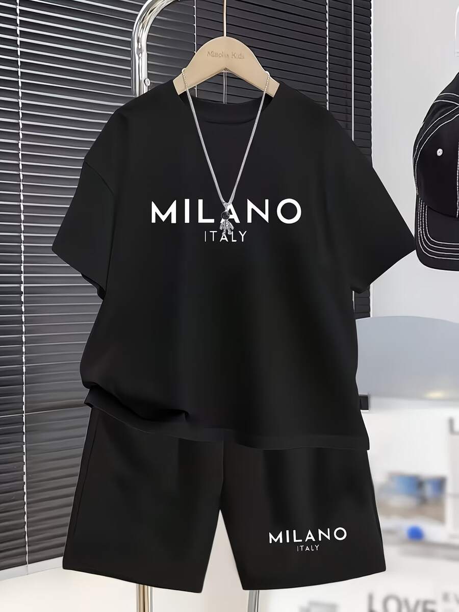 Boys' MILANO Pattern Casual Summer Short Sleeve Outfit, Fashionable Sports T-Shirt And Pants Set For Spring Summer Perfect For Outdoor - Black - View 1