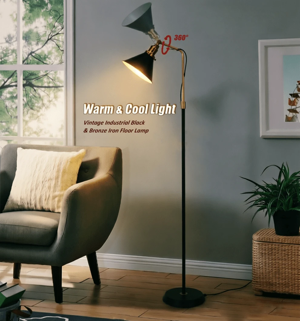 HonoDing Black Industrial-Style Floor Lamp ,58''Adjustable Head Vintage Metal Standing,Net Red Creative Floor Lamp,E26 Bulb Base,Suitable For Bedroom, Living Room, Office, Studio Floor Lamp,No Bulb - 美規A型插(110-127V) - 查看 1