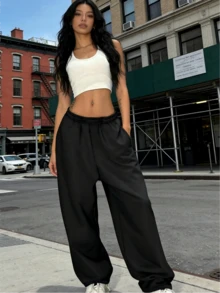 Women's High Waisted Loose Fit Wide Leg Sweatpants, Spring Summer Casual Baggy Joggers, Comfy Loungewear Pants For Daily Outings, Streetwear, Athleisure, Pair With Tees, Hoodies, Multiple Color Choices - 黑色 - 查看 1