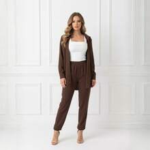 Conjunto Feminino Linho Calça E Camisa Manga Botões - Marrom - Visão 1