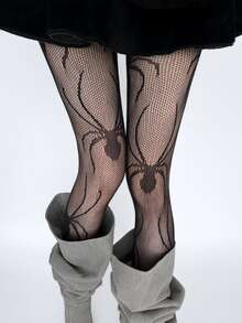Black Spider Web Print Fishnet Stockings, Gothic Punk Y2K Style Transparent Mesh Pantyhose, Slim Fit Leggings For Women - Multicolor - View 2