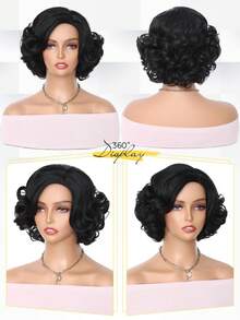 Peluca sintética elegante y retro con ondas de dedo de 6 pulgadas, con textura de cabello natural adecuada para fiestas, bodas y uso diario - Negro - Ver 7