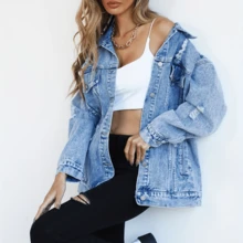 Áo khoác denim tay dài kiểu sinh viên, cài cúc trước, đính sequin và có túi. - Màu xanh lam - Xem 1