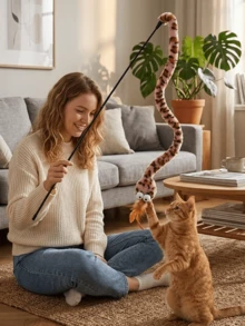 1pc Squeaky Pet Toys,Cat Wand Toy,Cat Teaser Wand,Interactive Cat Toy,Cat Feather Toys, Snake-Shaped Cat Teasers, Squeaky Paper Snake Toys, Feather Cat Teasers, Indoor Kitten Interactive Toys - Multicolor - View 4