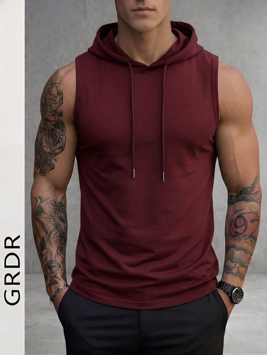 GRDR Men's Solid Color Drawstring Hooded Casual Versatile Tank Top