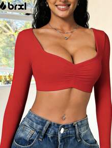 BRXL Long Sleeve Crop Tops For Women Built In Bra Padded Yoga Shirts Deep V Neck Buttery Soft Slim Fit Workout Pilates Gym - 紅色 - 查看 1