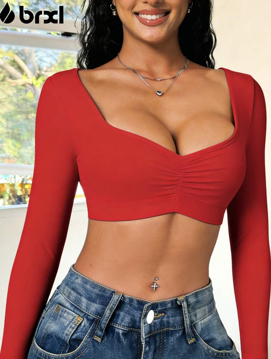 BRXL Long Sleeve Crop Tops For Women Built In Bra Padded Yoga Shirts Deep V Neck Buttery Soft Slim Fit Workout Pilates Gym - 紅色 - 查看 1