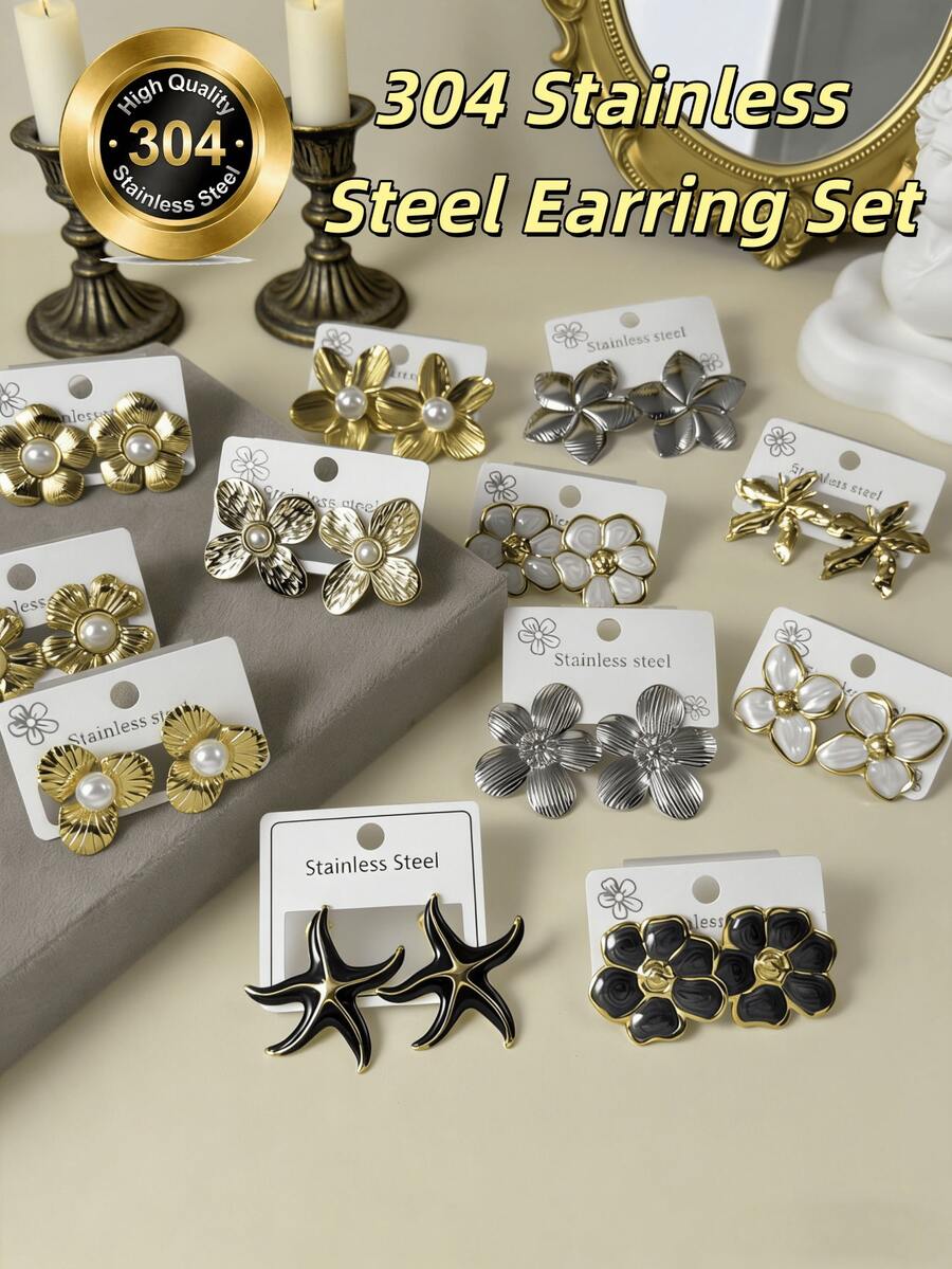 OBOVAY 20pcs/Set Stainless Steel Stud Earrings Set, Assorted Cartoon Style Oil Drop, Fruit And Butterfly Patterns, Handmade With Varying Thickness And Size, Random Shipment [Made In Dongguan] - Black and White Suit - View 1