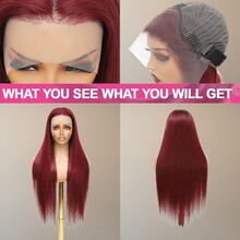 13x4 高清蕾丝前假发，真人前额发丝，200% 密度，直发，预先拔毛发际线，漂白发结，中分，自然外观，易于佩戴，混合发丝，酒红色，99j，适合女性，婚礼派对，日常佩戴，28 英寸 - SBUG - 查看 3
