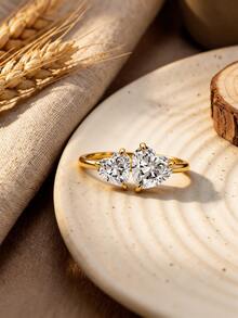 Bộ nhẫn vàng nữ, đính 2 viên đá Cubic Zirconia trắng hình trái tim; Bộ nhẫn đôi đính hôn Toi Et Moi + Toi-Et-Moi; Thanh lịch & Thời trang, đa năng, có thể đeo cùng nhiều nhẫn khác. - Vàng - Xem 5