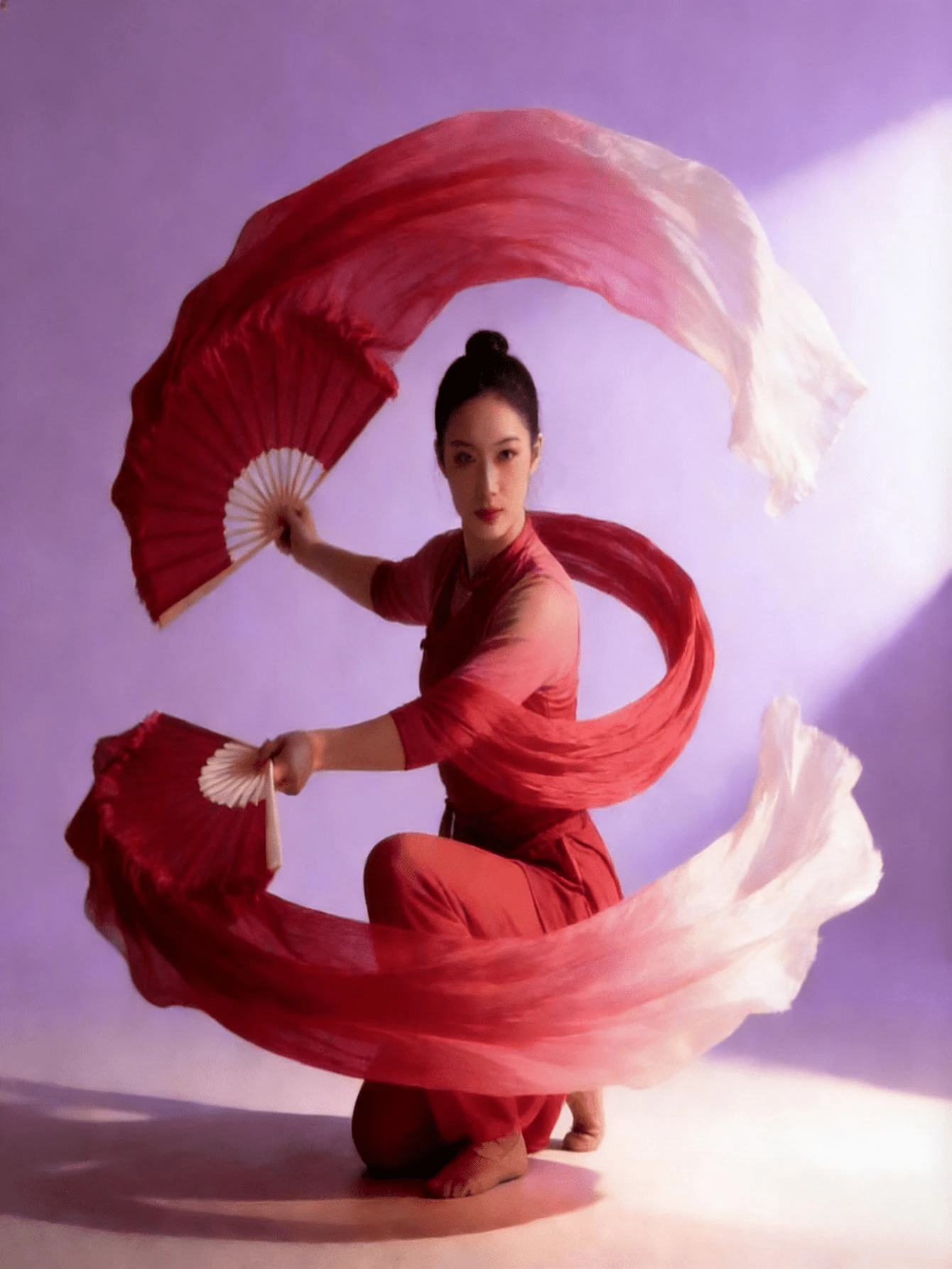 1把仿丝雪纺肚皮舞手扇，尺寸：120厘米/47.24英寸、150厘米/59英寸、180厘米/70.87英寸，采用人造丝和竹子手工制作，酒红色渐变折叠扇，适用于舞蹈、肚皮舞、方块舞，超长丝带舞表演配件，肚皮舞左扇+右扇折叠扇套装