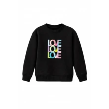Moletom Gola Redonda Infantil Criança Juvenil Bebê Menina 100% Algodão Passeio Casual Love Colorido - Preto - Visão 2