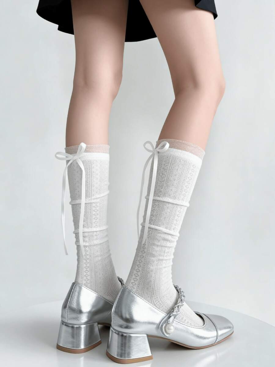 1/2 双春夏薄款甜美百搭芭蕾舞风格蝴蝶结镂空袜子 - 彩色 - 查看 1