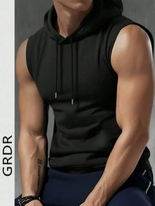 GRDR Men's Solid Color Drawstring Hooded Casual Versatile Vest - Black - View 8