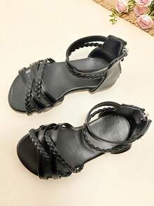 1双夏季儿童凉鞋，黑色女童平底凉鞋，编织带拉链设计，柔软防滑鞋底，适合夏季郊游、宴会、派对、度假等场合。 - 黑色 - 查看 5