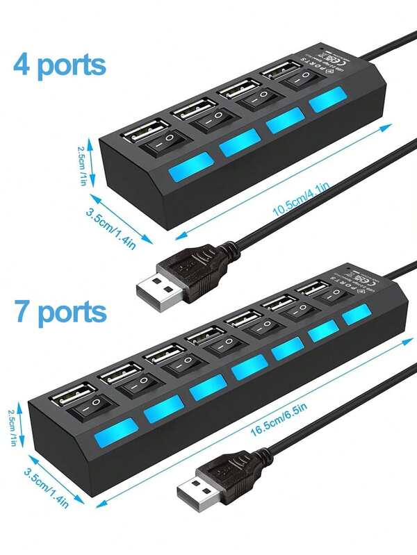 4端口和7端口USB 2.0集线器，带独立开关 - 多端口分配器，适用于笔记本电脑、台式机、MacBook、手机OTG和USB外设