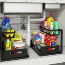 2pcs Under Sink Organizer, Pull-Out Storage Rack, 2-Tier L-Shaped Sliding Drawer, Slide Out Cabinet Organizers And Storage, Multi-Purpose Bath Collection Baskets For Bathroom, Kitchen, Pantry, Closet Sorting Rack, Kitchen Accessories - Red and White - View 2