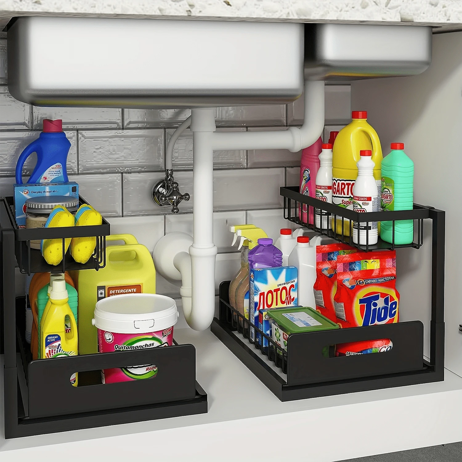 2pcs Under Sink Organizer, Pull-Out Storage Rack, 2-Tier L-Shaped Sliding Drawer, Slide Out Cabinet Organizers And Storage, Multi-Purpose Bath Collection Baskets For Bathroom, Kitchen, Pantry, Closet Sorting Rack, Kitchen Accessories