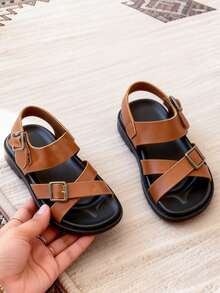 1 Pair Fashion Children's Sandals, Brown Girls' Flat Sandals, Metal Buckle & Hook And Loop Design Easy To Wear, Soft Non-Slip Sole, Suitable For Summer Outings, Banquets, Parties, Vacations - Brown - View 1