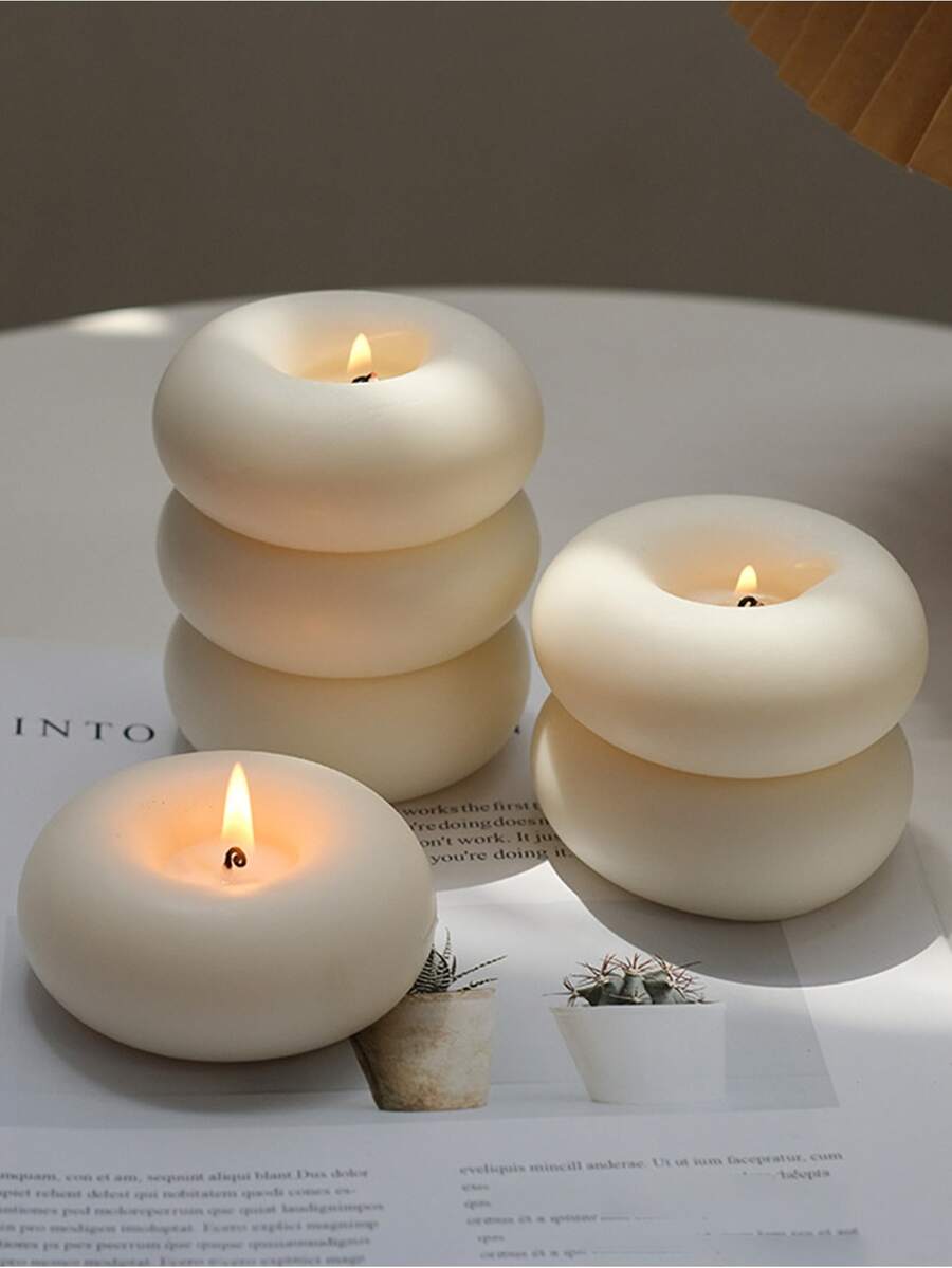 [Vela de soja y cera de abeja] Vela redonda aromática de soja y cera de abeja para decoración | Velas de una mecha para ambiente interior del hogar, decoración versátil para días festivos, sin batería requerida, decoración con soporte para vela - Estilo donut - Ver 1