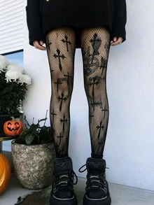 1双朋克哥特十字图案渔网过膝长筒袜，镂空性感透明高腰连裤袜（女士款） - 彩色 - 查看 1