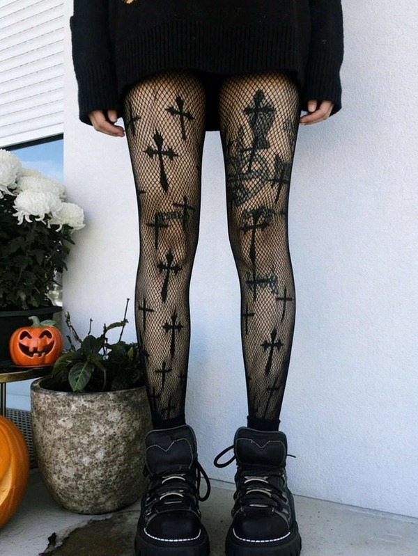 1 Pair Punk Gothic Cross Pattern Fishnet Thigh High Stockings, Hollow Out Sexy Sheer High Waist Pantyhose For Women