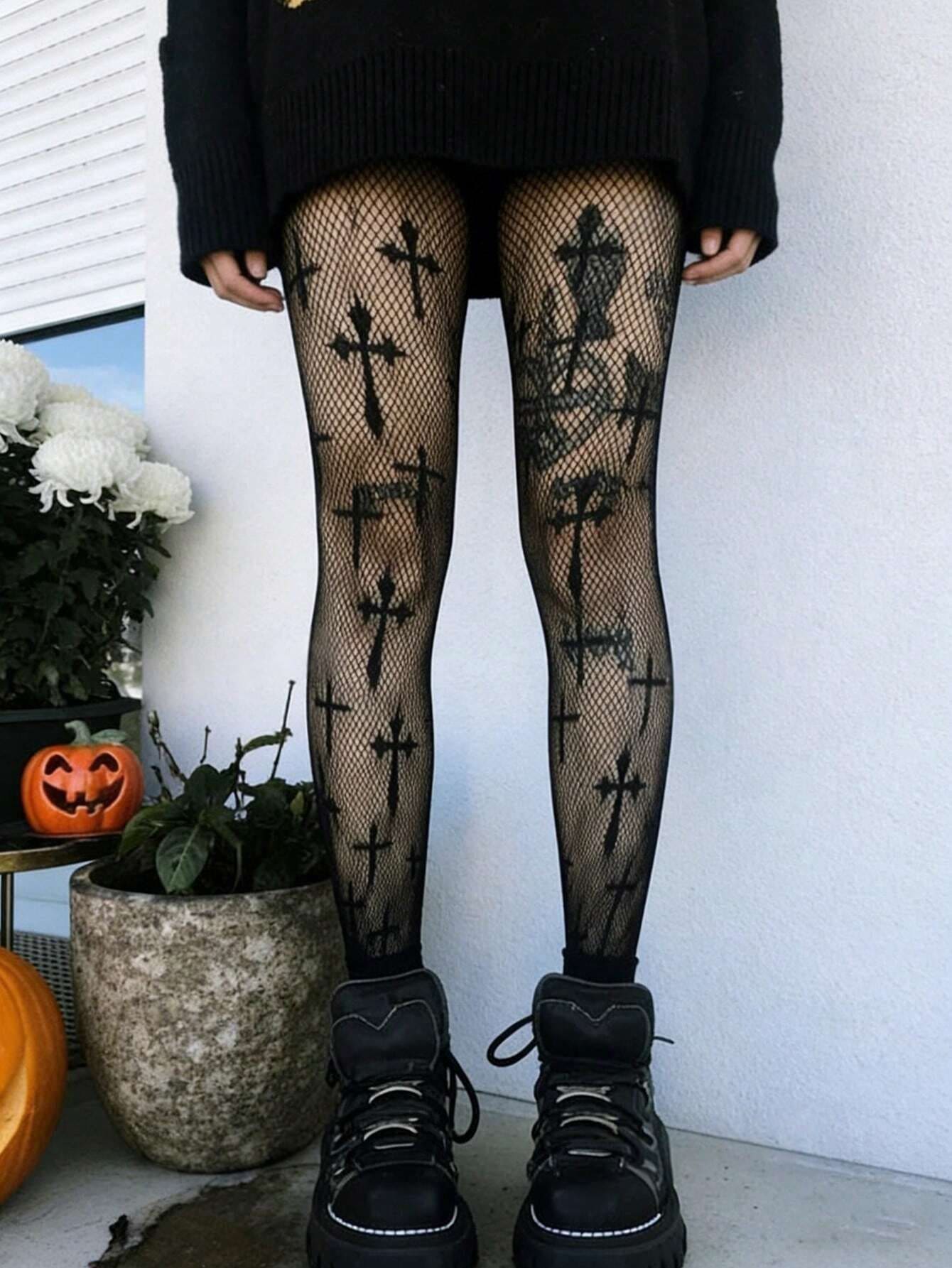 1双朋克哥特十字图案渔网过膝长筒袜，镂空性感透明高腰连裤袜（女士款） - 彩色 - 查看 1