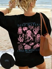 Women's Summer New Simple Cute Marine Life Print Casual Vacation Style Loose Versatile Round Neck White Short-Sleeved T-Shirt Fashionable Daily Tops Suitable For Daily Vacation Wear. Graphic Tees Women Pink Top-Unisex Comfortable Vintage Street Style Loose-Fit Washed T-Shirt - 黑色 - 查看 17