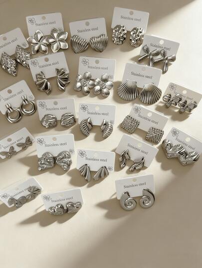 13 Pairs Of Elegant Stainless Steel Earrings, Featuring Designs Such As Flowers, Water Drops, Butterflies, Wings And Geometric Shapes. These Simple And Fashionable Stainless Steel Earrings Are Suitable For Women To Wear Daily And Are Also An Excellent Gift For Female Friends (Random Shipment).