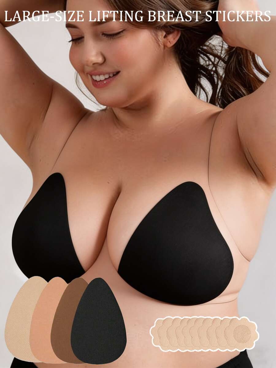 Bộ 4 món / Áo ngực latex cỡ lớn dành cho nữ, kiểu dáng vô hình, không gọng, với cúp ngực hình giọt nước có lớp dính và không có dây đeo vai. Phù hợp với cỡ cúp từ B đến E. Có các màu be, nâu, cà phê và đen.