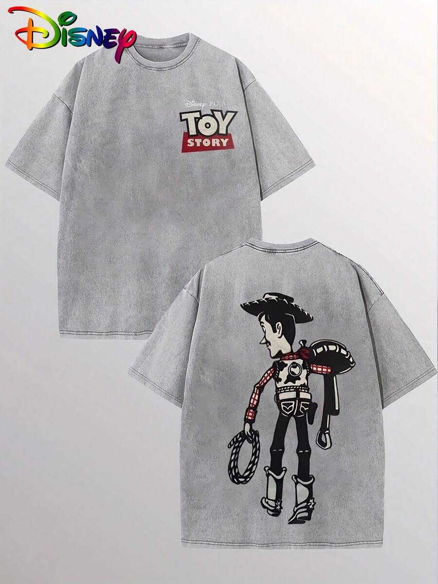 (Officially Authorized)  Disney Summer Woody Printed T-Shirt, Made Of Old Washed Cotton Casual Short Sleeves, Designed With Classic Cartoon Characters, Comfortable And Breathable, Very Suitable For Daily Commuting And Fashion Wear, And Can Be Matched In All Seasons As A Gift For Boyfriend. - Grey - View 1