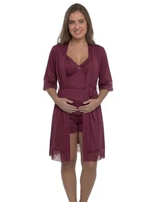Baby Doll Kit With Easy-Open Button Nursing Bra + Comfortable Robe For Maternity, Hospital Outfit, And Postpartum Wear - Burdeos - Ver 2