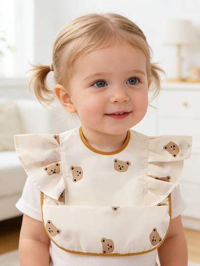 1pc Cute Butterfly Sleeve Bear Pattern Baby Bib, Waterproof Drool Bib With Lovely Print For Newborn, Anti-Spitting Feeding Bib