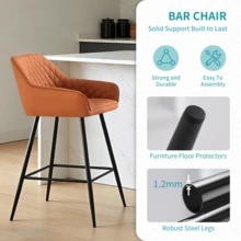 ZOONFA Orange Faux Leather Upholstered High Bar Stool With Armrest & Backrest, Breakfast Kitchen Stool For Counter - Orange Pu - View 5