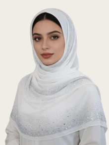 1pc Women's Lace Knitted Elastic Fabric Diamond Crafted Viscose Maxi Hijab Scarf, Malaysian Fashion Headscarf - Lace Rhinestone Long Scarf In Multiple Colors - View 5