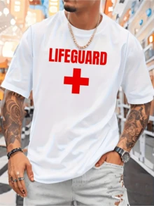 Mens Cotton Lifeguard Graphic Tee - Casual Crew Neck Short Sleeve Stretch Fit - trắng - Xem 1