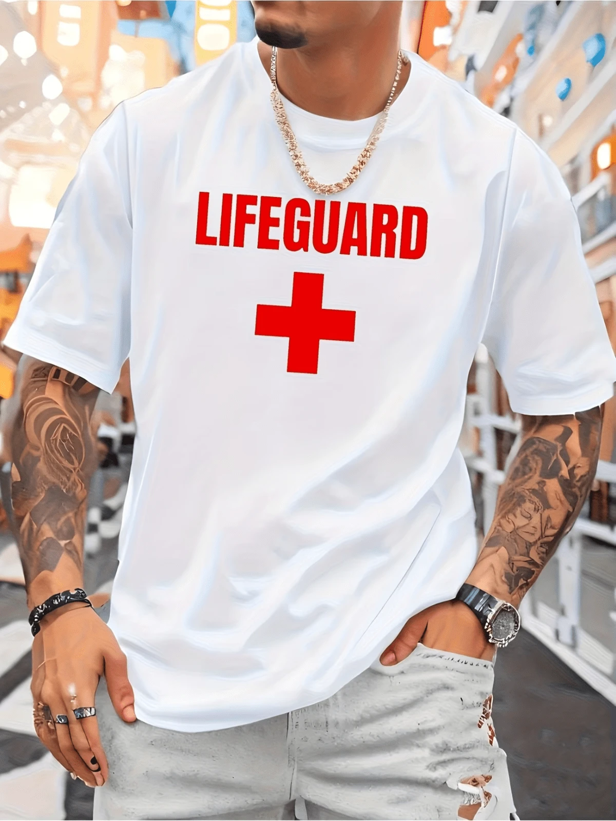 Mens Cotton Lifeguard Graphic Tee - Casual Crew Neck Short Sleeve Stretch Fit - trắng - Xem 1