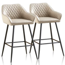 ZOONFA Beige Faux Leather Upholstered High Bar Stool With Armrest & Backrest, Breakfast Kitchen Stool For Counter - Pu Beige - View 8