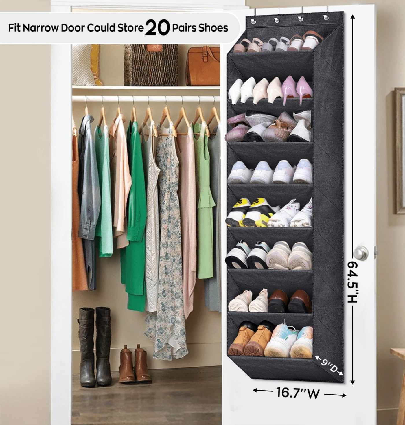 Over The Door Shoe Organizer For Closet With Large Deep Pockets, Narrow Shoe Rack For Door Hanging Boots Storage, Black, Black Over The Door 8 Large Pocket Hanging Shoe Organizer Rack For Wall, Dorm And Narrow Door Shoe Storage - Black - View 1
