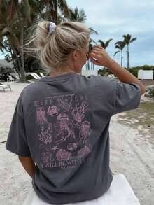 Women's Summer New Simple Cute Marine Life Print Casual Vacation Style Loose Versatile Round Neck White Short-Sleeved T-Shirt Fashionable Daily Tops Suitable For Daily Vacation Wear. Graphic Tees Women Pink Top-Unisex Comfortable Vintage Street Style Loose-Fit Washed T-Shirt - Dark Gray - 查看 17