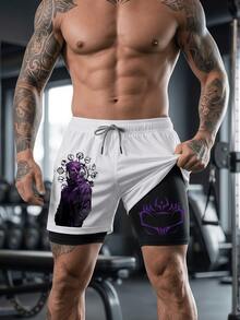 Unisex Mesh 2-In-1 Performance Breathable Shorts,Fashion Streetstyle Anime Gym Shorts,Anime Graphic Casual Shorts,Sports Workout Shorts With Pockets,Women's Shorts,Swim Trunks Men,Mens Clothes,Women Shorts,Summer Outfits,Romwe - Trắng+Đen - Xem 1