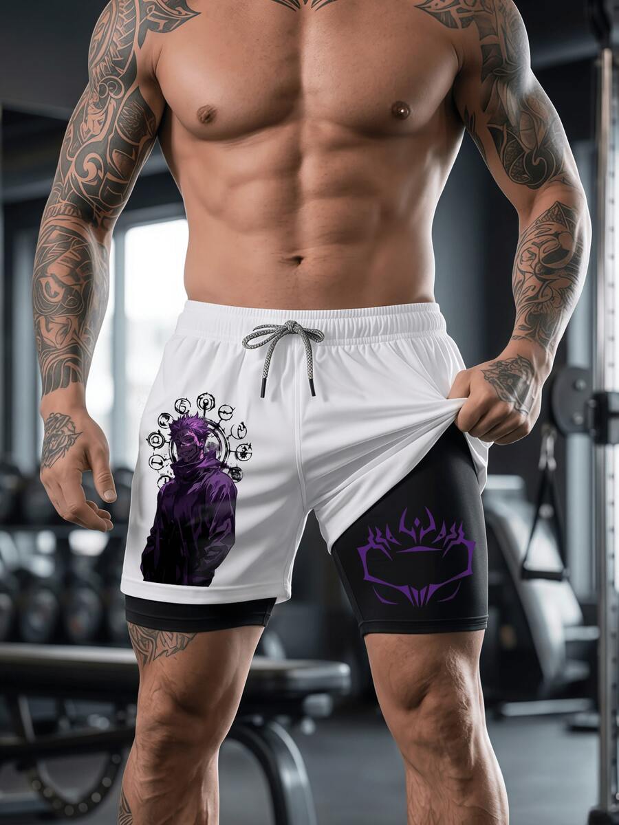 Unisex Mesh 2-In-1 Performance Breathable Shorts,Fashion Streetstyle Anime Gym Shorts,Anime Graphic Casual Shorts,Sports Workout Shorts With Pockets,Women's Shorts,Swim Trunks Men,Mens Clothes,Women Shorts,Summer Outfits,Romwe - Trắng+Đen - Xem 1