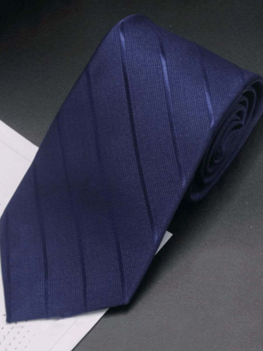 男士商务领带一条，宽8厘米，手工制作，专业正式着装，条纹提花涤纶领带 - 藏蓝色 - 查看 1