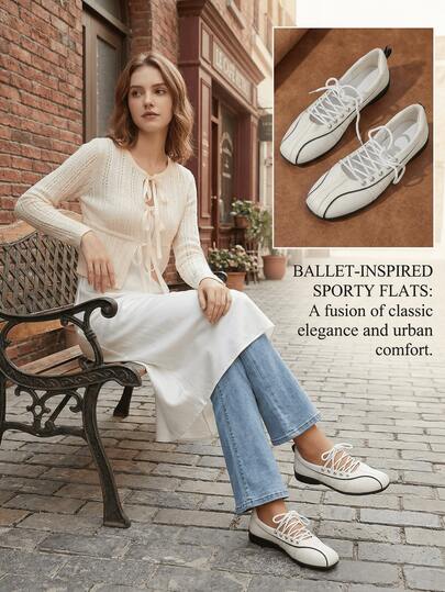 2026 Women's Soft Bottom Breathable Criss-Cross Strap Colorblock Decor Square Toe Low-Top Lace-Up Canvas Casual Shoes, College Style Retro Ballet Shoes, Comfortable White Flat Shoes For Daily Wear, All Seasons