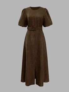 ANCHOSE 女士优雅咖啡色花瓣袖中长连衣裙，配方形扣腰带，适合工作、休闲、外出和约会等场合。 - 咖啡 - 查看 2