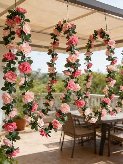 1pc Pink & Red Artificial Rose Vine With Green Leaves, Floral Wreath Decor For Wedding Ceiling Hanging, Wedding Arch Garland, Spring Fake Rose Wreath, Bridal Shower Party Decoration, Birthday Party Hanging Accessory, Wedding Photo Prop, Atmosphere Creation, Can Be Used To Create Wedding Arch, Ceremony Backdrop Or Table Decor