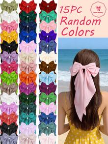 1/12/15pcs Random Color Satin Ribbon Bow Hair Clips, Elegant Hair Accessories, Suitable For Beach Outfit, Cute Daily Wear, Long Streamer Bow Hair Clips, Applicable For Group Party Dopamine Outfit, Mother's Day Gift,Summer,Holiday,Travel, Head Accessories,Festival,Birthday - Multicolor - View 11